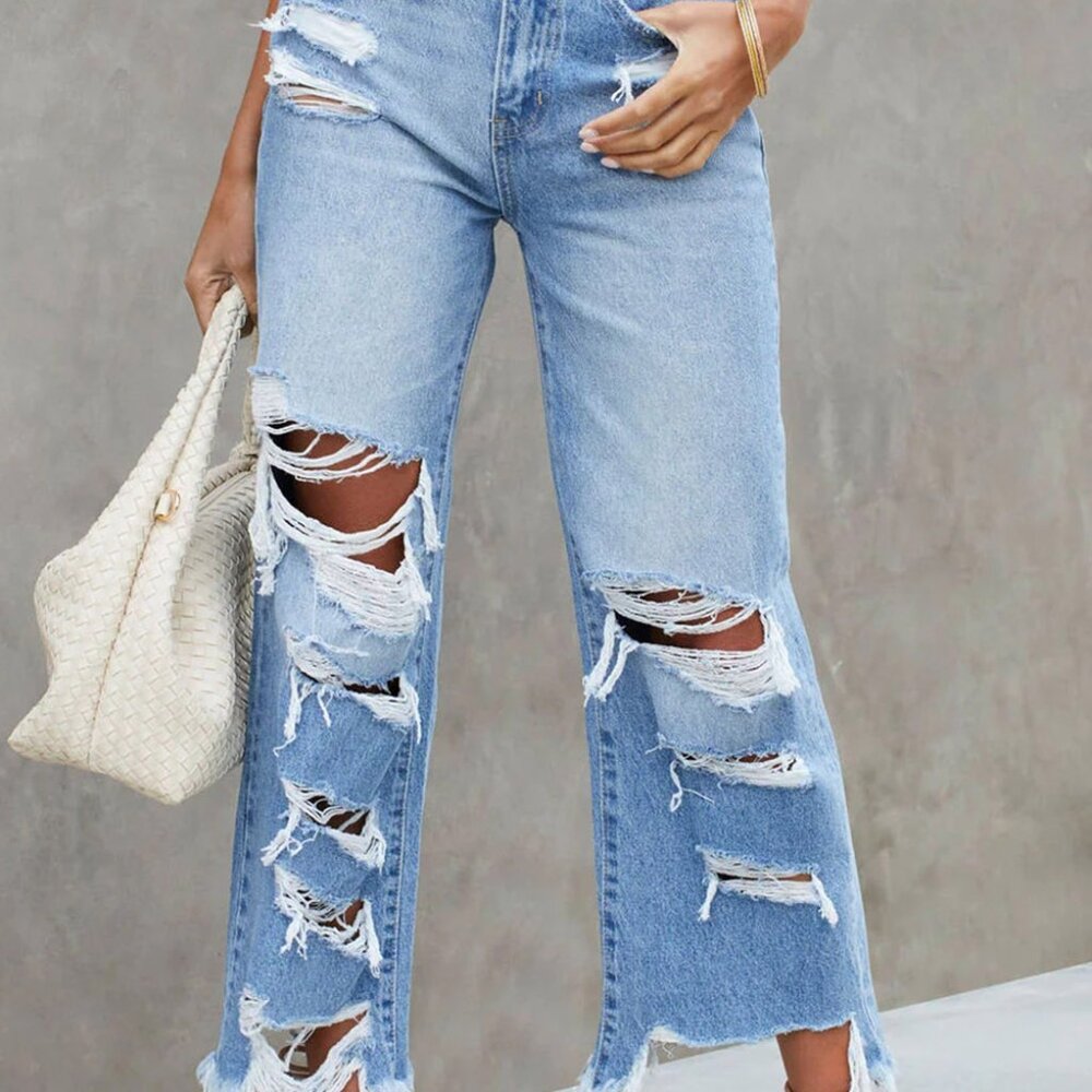 Sky Blue Heavy Destroyed High Waist Jeans